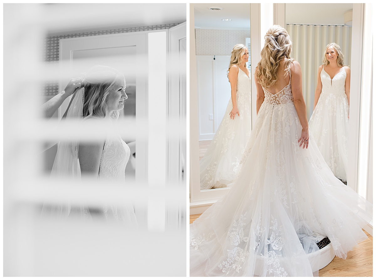 bride looking in mirror at the darby house bridal suite in columbus, ohio