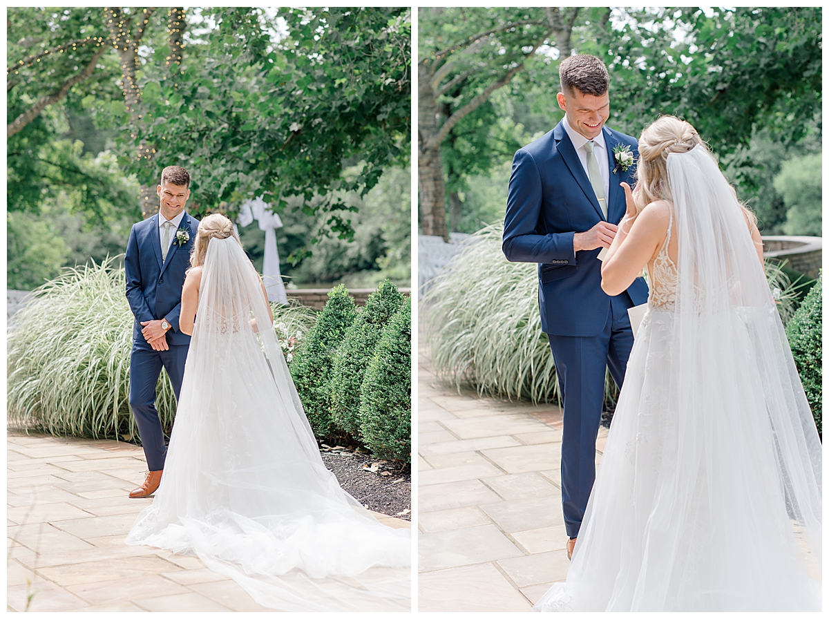 bride and groom first look in columbus, ohio at the darby house wedding venue