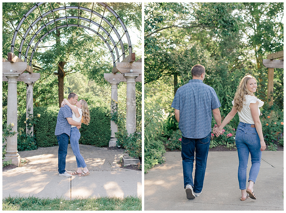 engaged couple walking photographed by Cincinnati, ohio wedding photographer ashleigh grzybowski at ault park