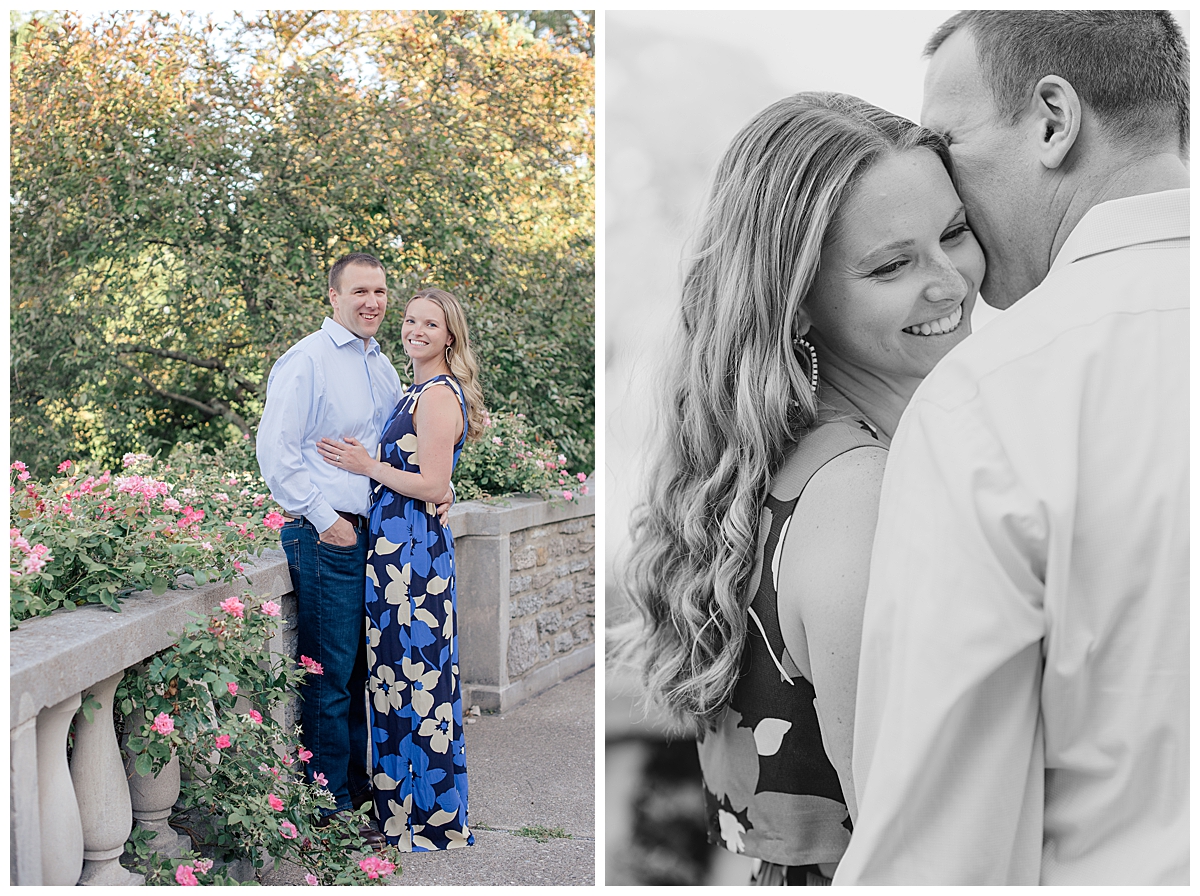 engaged couple hugging by roses in during a Cincinnati ohio engagement session photographed by ashleigh grzybowski a Cincinnati ohio wedding photographer