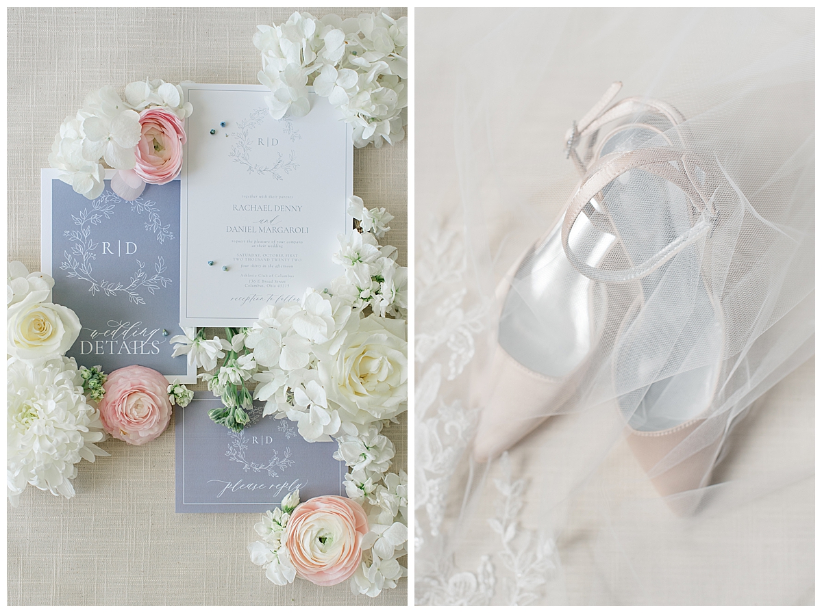 Wedding invitation and shoes at Athletic Club of Columbus wedding in Ohio photographed by Ashleigh Grzybowski