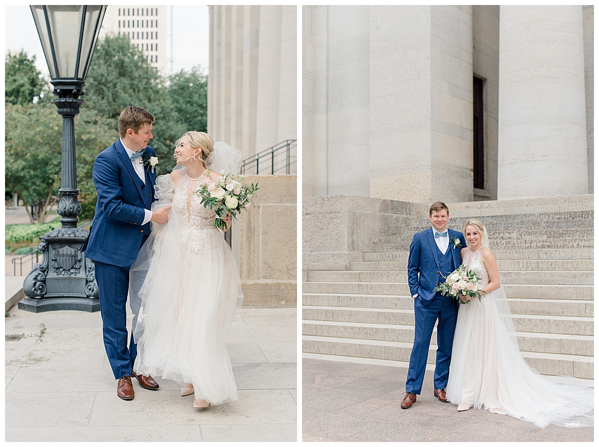 Bride and Groom in front of steps at Ohio State House photographed by ashleigh grzybowski an ohio wedding photographer 