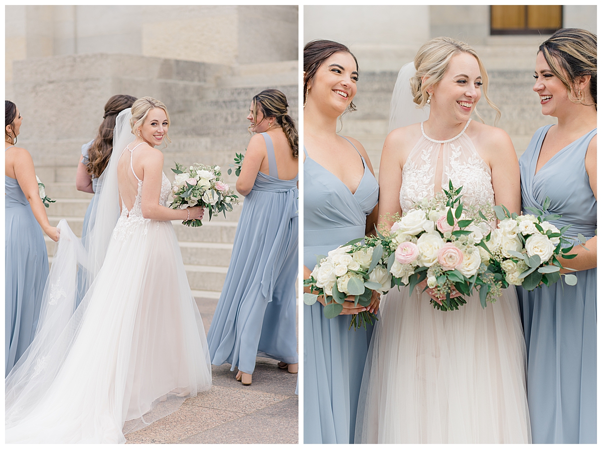 Bride with bridesmaids in front of steps at Ohio State House taken by ashleigh grzybowski an ohio wedding photographer