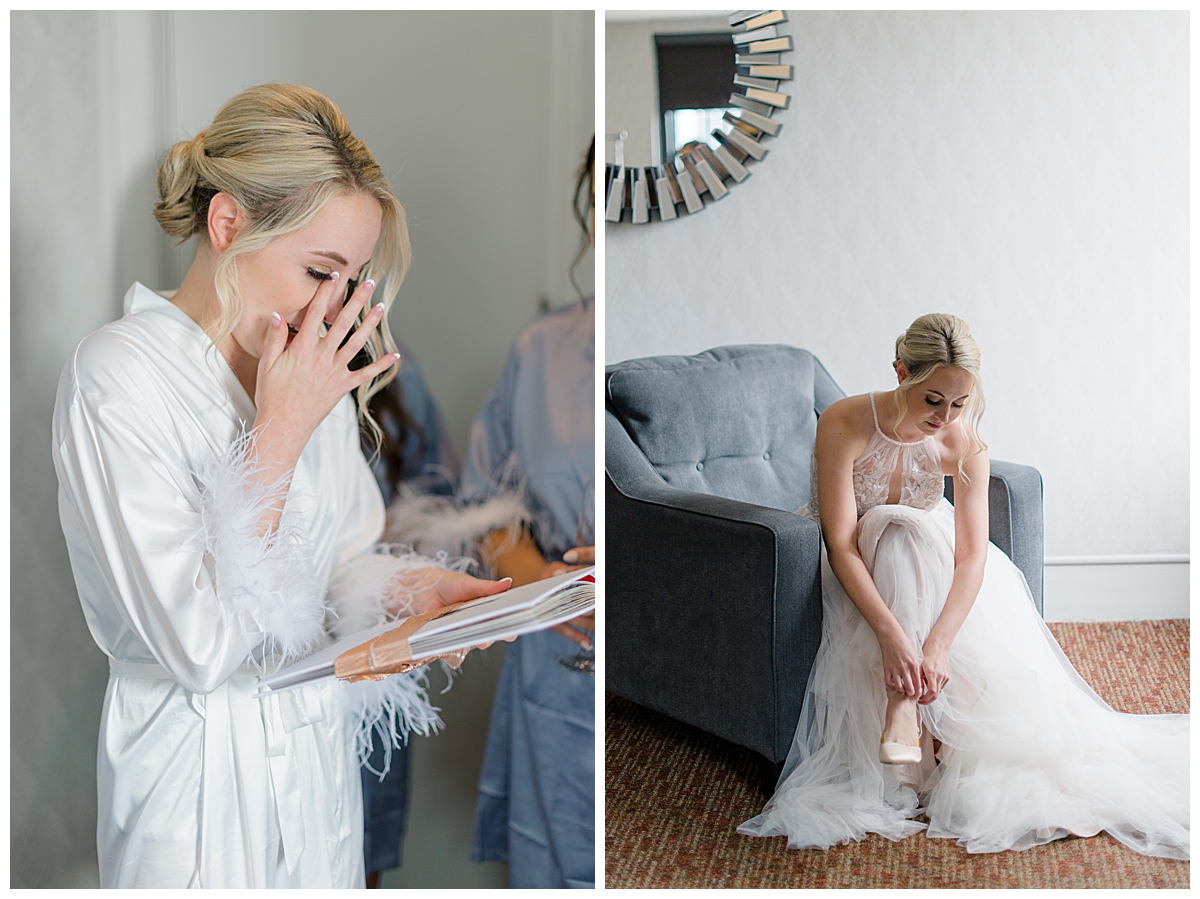 Bride putting wedding shoes on in bridal suite at Athletic Club of Columbus photographed by Ohio wedding photographer Ashleigh Grzybowski