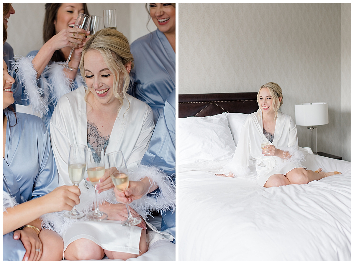 Bride holding champagne at Athletic Club of Columbus in bridal suite photographed by Ohio wedding photographer Ashleigh Grzybowski