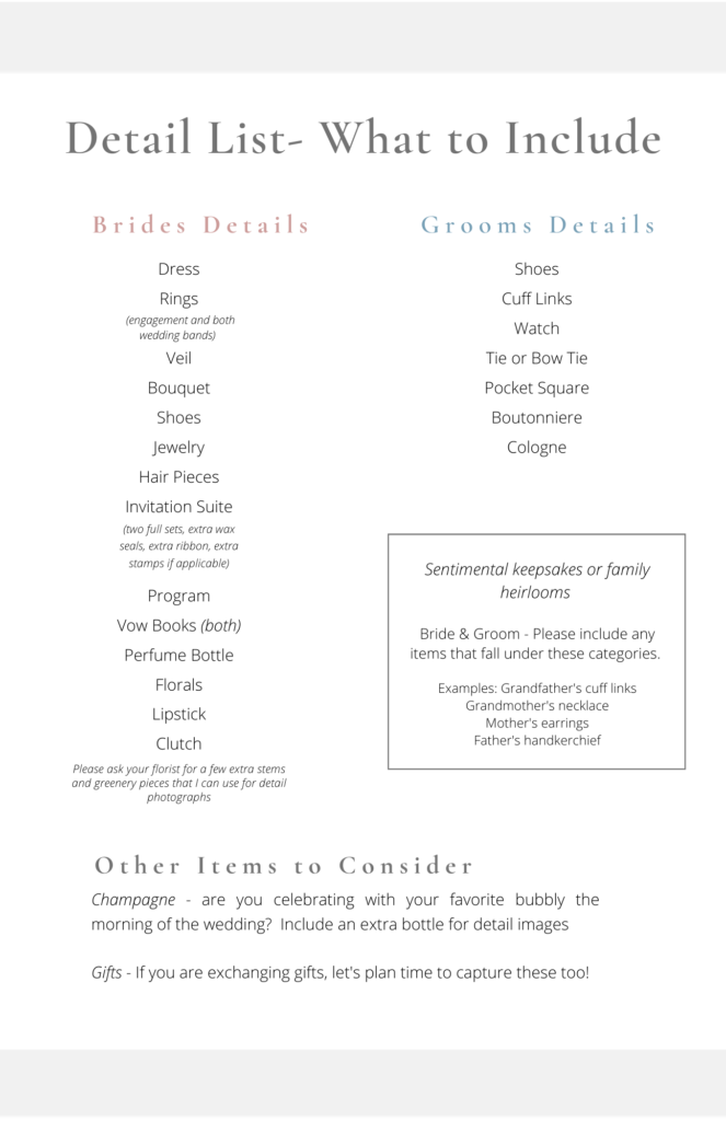 List of weddings details to give photographer on wedding day created by Ohio wedding photographer Ashleigh Grzybowski