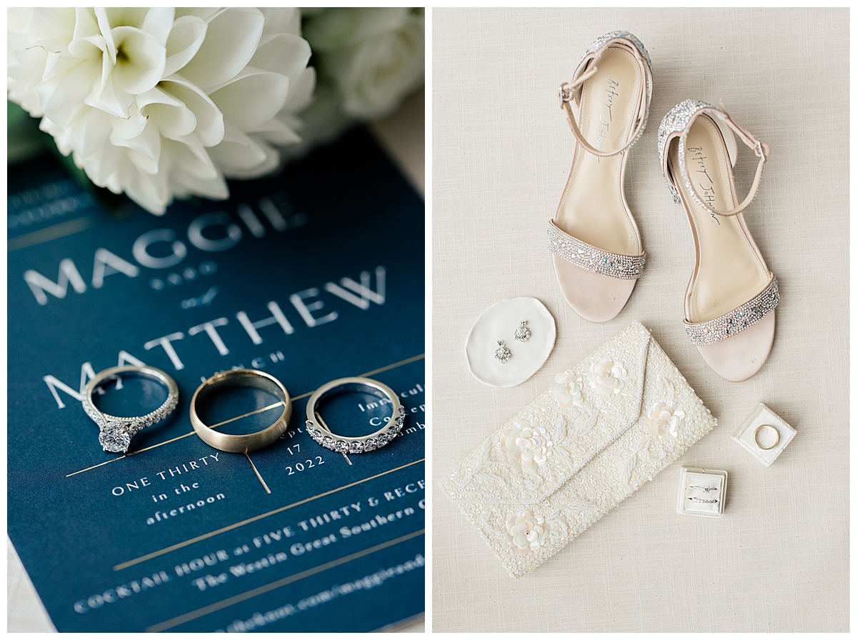 Bride's wedding details including shoes and invitation 