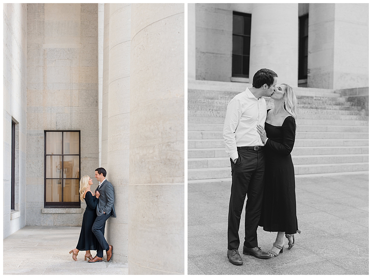 Engaged couple kissing in front of Ohio State House in Columbus, Ohio taken by wedding photographer Ashleigh Grzybowski