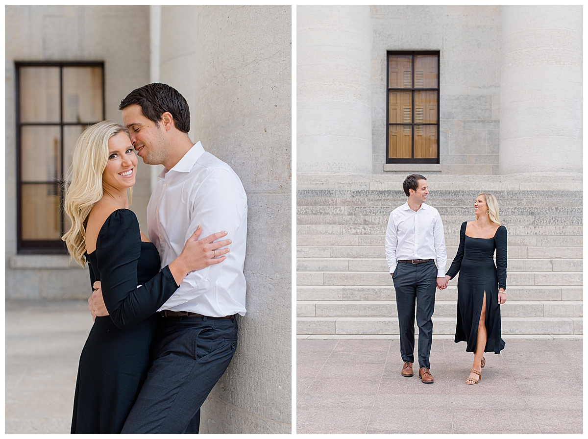 Bride to be smiling at camera during Ohio State House engagement session photographed by ashleigh grzybowski a columbus, ohio wedding photographer