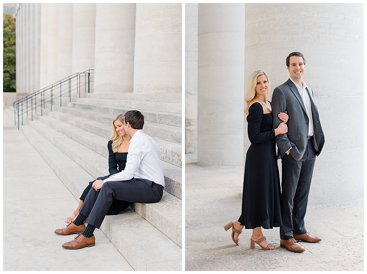 Couple sitting on stairs at Ohio State House at engagement session photographed by ohio wedding photographer ashleigh grzybowski
