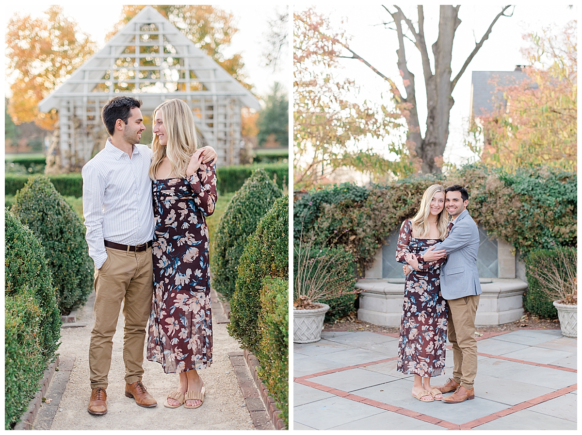 Couple smiling at each other at Columbus, Ohio engagement session in Franklin Park taken by Ohio Wedding Photographer Ashleigh Grzybowski