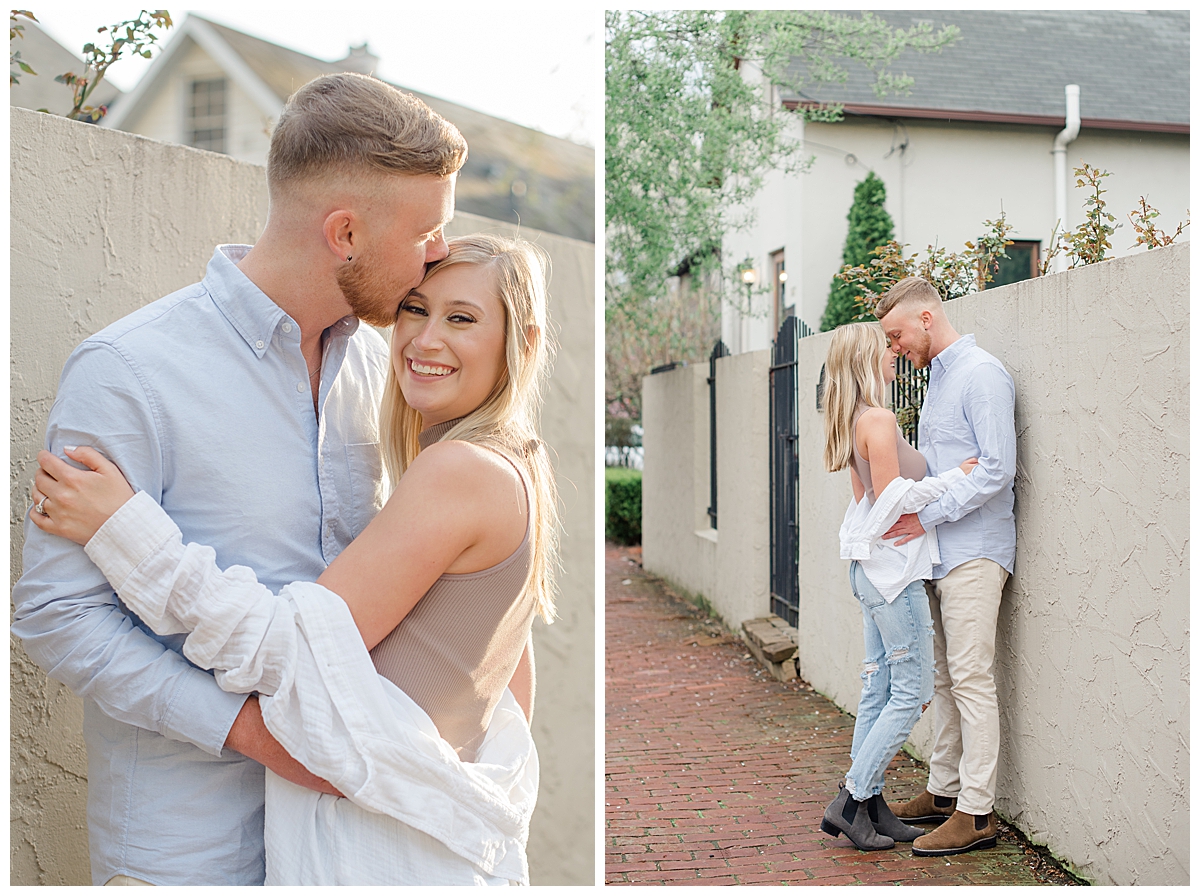 Couple kissing in German Village during an engagement session in Columbus, Ohio taken by Ohio Wedding Photographer Ashleigh Grzybowski