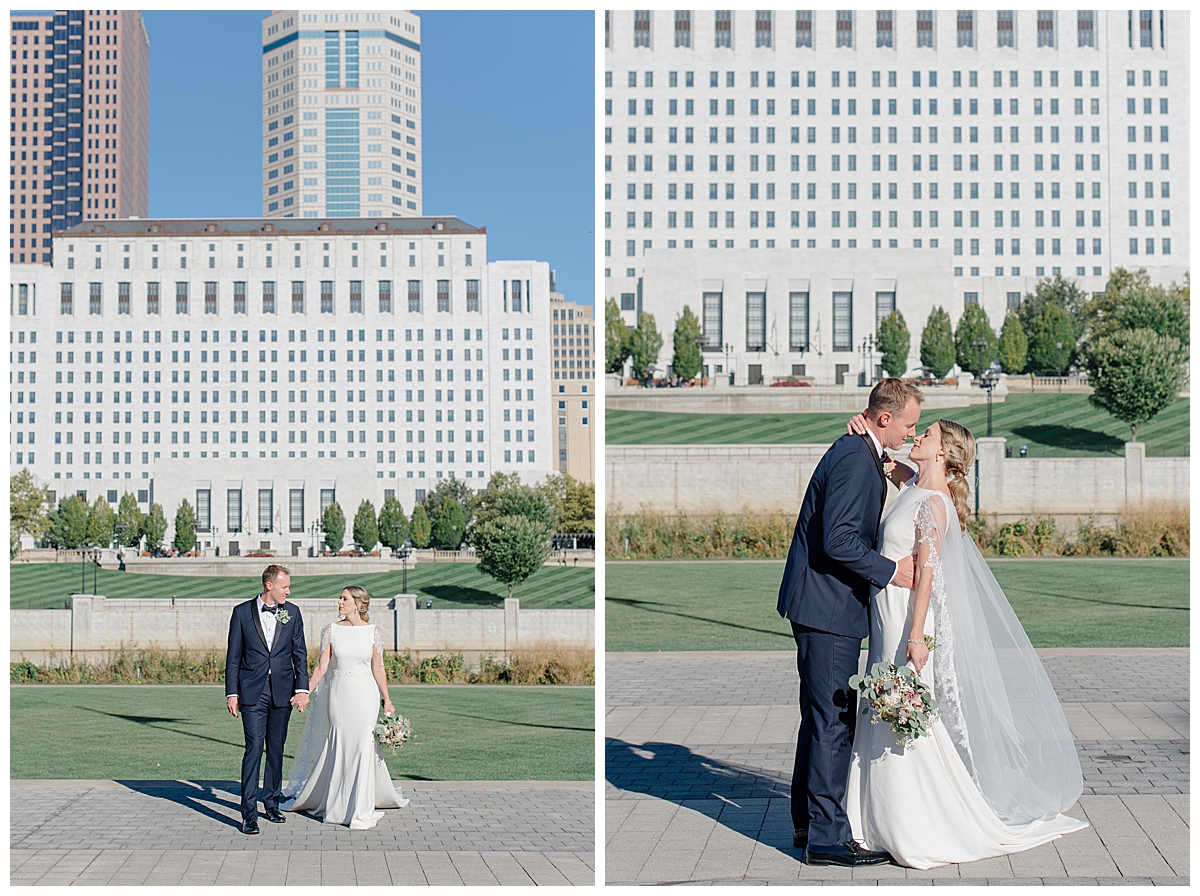 Bride and Groom at Scioto Mile taken by Ashleigh Grzybowski an Ohio Wedding Photographer during a wedding at The Fives