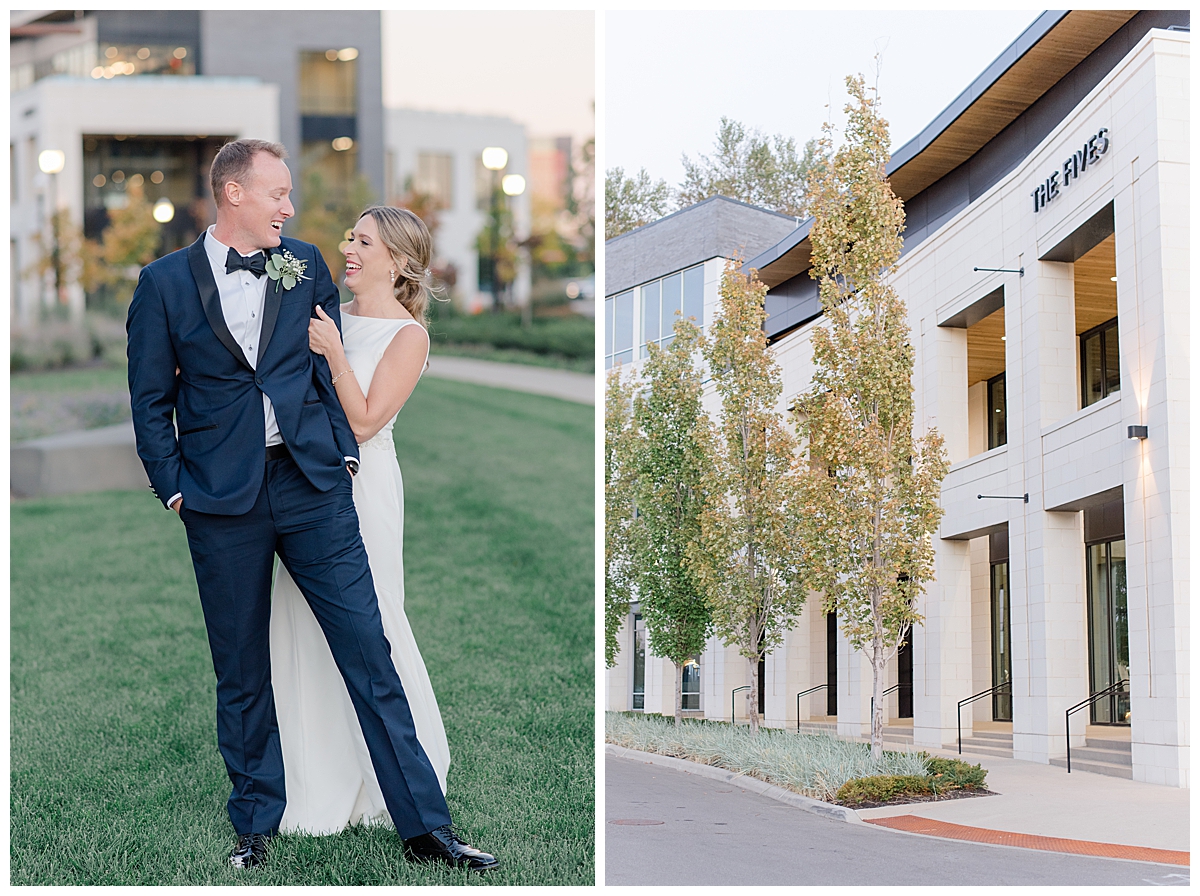 Bride and Groom sunset portraits at The Fives in Columbus, Ohio taken by Ashleigh Grzybowski an Ohio wedding phtoographer