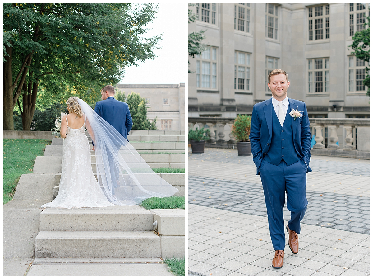Groom and Bride walking up stairs at Scioto Mile in Columbus, Ohio taken by Ashleigh Grzybowski an Ohio Wedding Photographer  for a wedding at The Vue