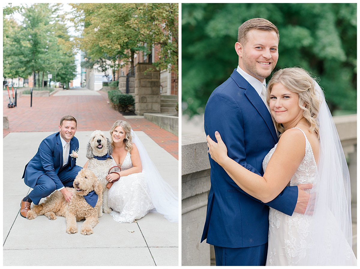 Bride and Groom with dogs in downtown Columbus, Ohio taken by Ohio Wedding Photographer Ashleigh Grzybowski