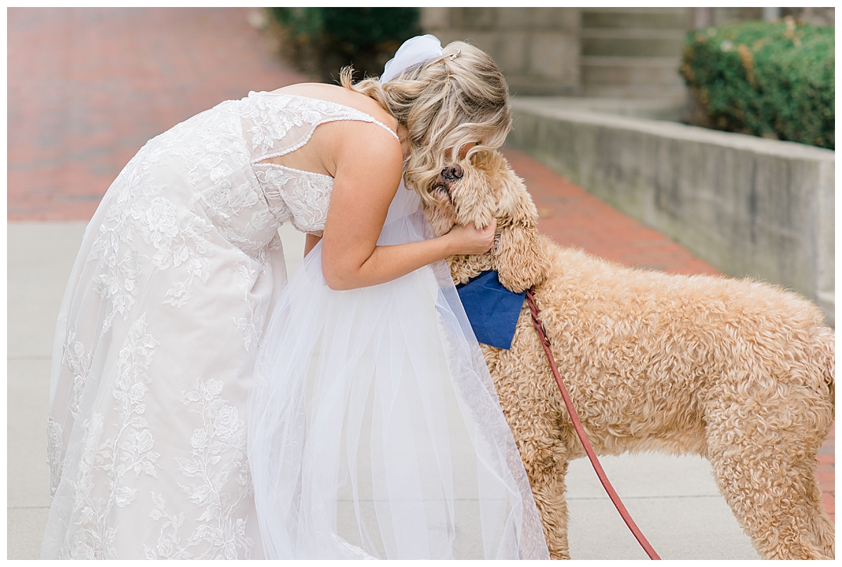Bride kissing dog in downtown Columbus, Ohio taken by Ohio Wedding Photographer Ashleigh Grzybowski