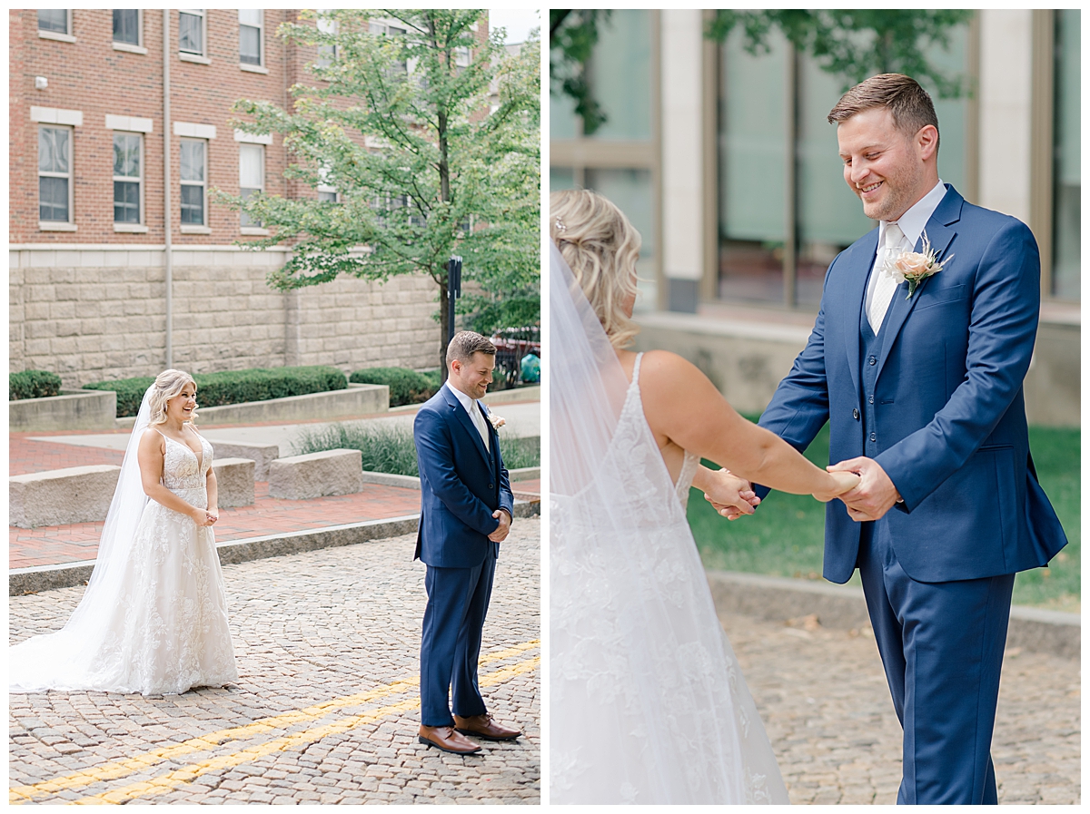 Bride and Groom at first look in downtown Columbus, Ohio taken by Ashleigh Grzybowski Photography an Ohio Wedding Photographer
