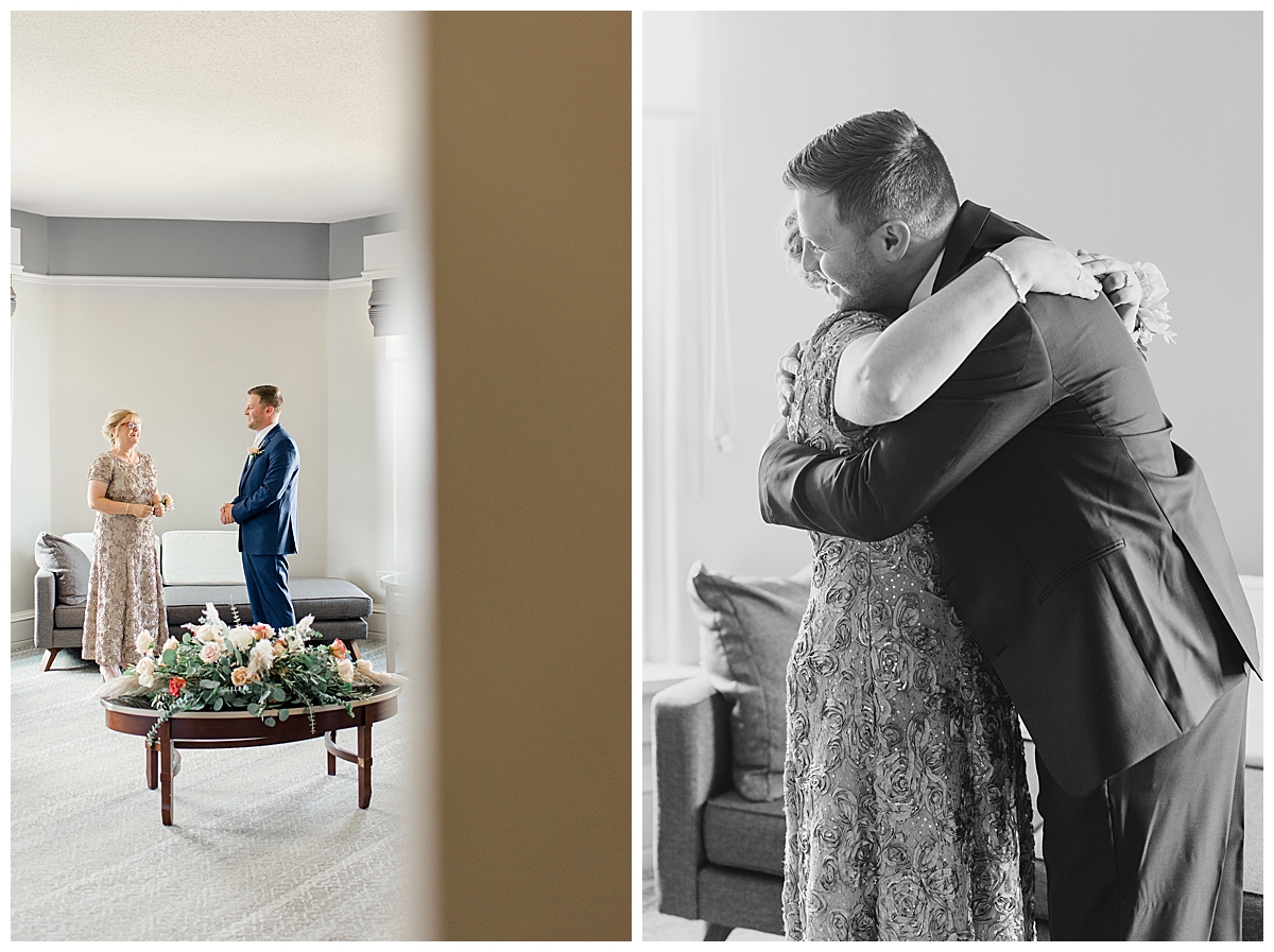 Groom hugging mom during their first look at The Westin in Columbus, Ohio taken by Ohio Wedding Photographer Ashleigh Grzybowski