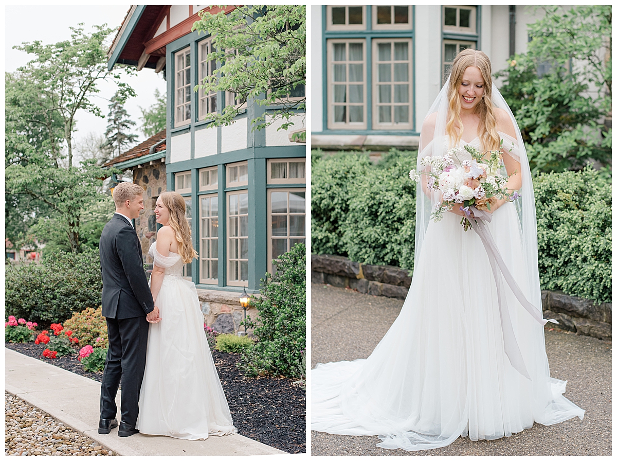 Bride and groom smiling at each other in Columbus, Ohio at Beverly Mansion  taken by Ohio Wedding Photographer Ashleigh Grzybowski