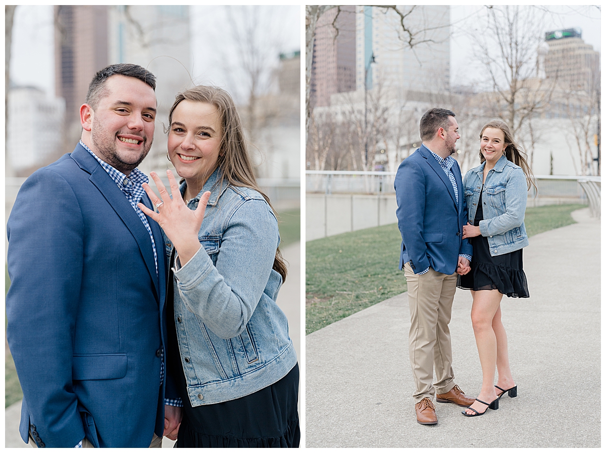 Couple in downtown Columbus Ohio after surprise proposal photographed by Ohio Wedding Photographer Ashleigh Grzybowski