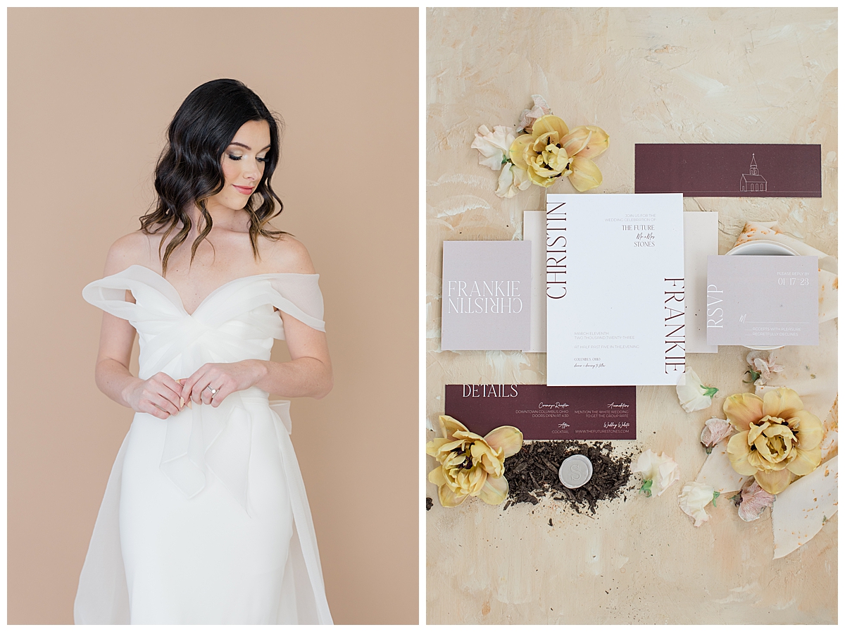 Wedding invitation suite created by PaxtonHale Design in earthy inspired editorial designed by Auburn & Ivory
