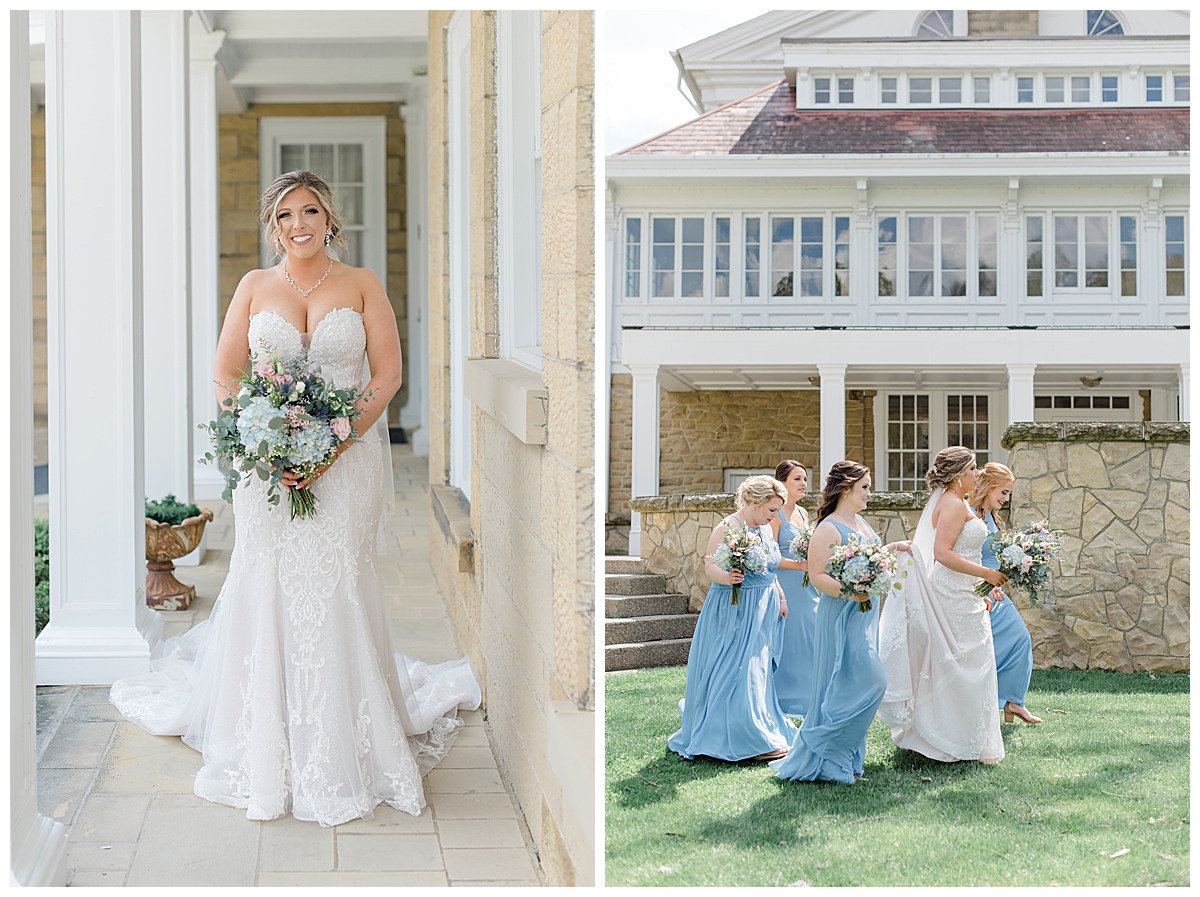 Bridesmaids helping bride walk at estate wedding in Columbus Ohio photographed by Ashleigh Grzybowski