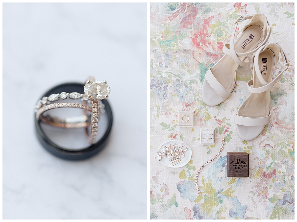 Wedding shoes and jewelry at Columbus, Ohio wedding at Bryn Du Mansion photographed by Ashleigh Grzybowski