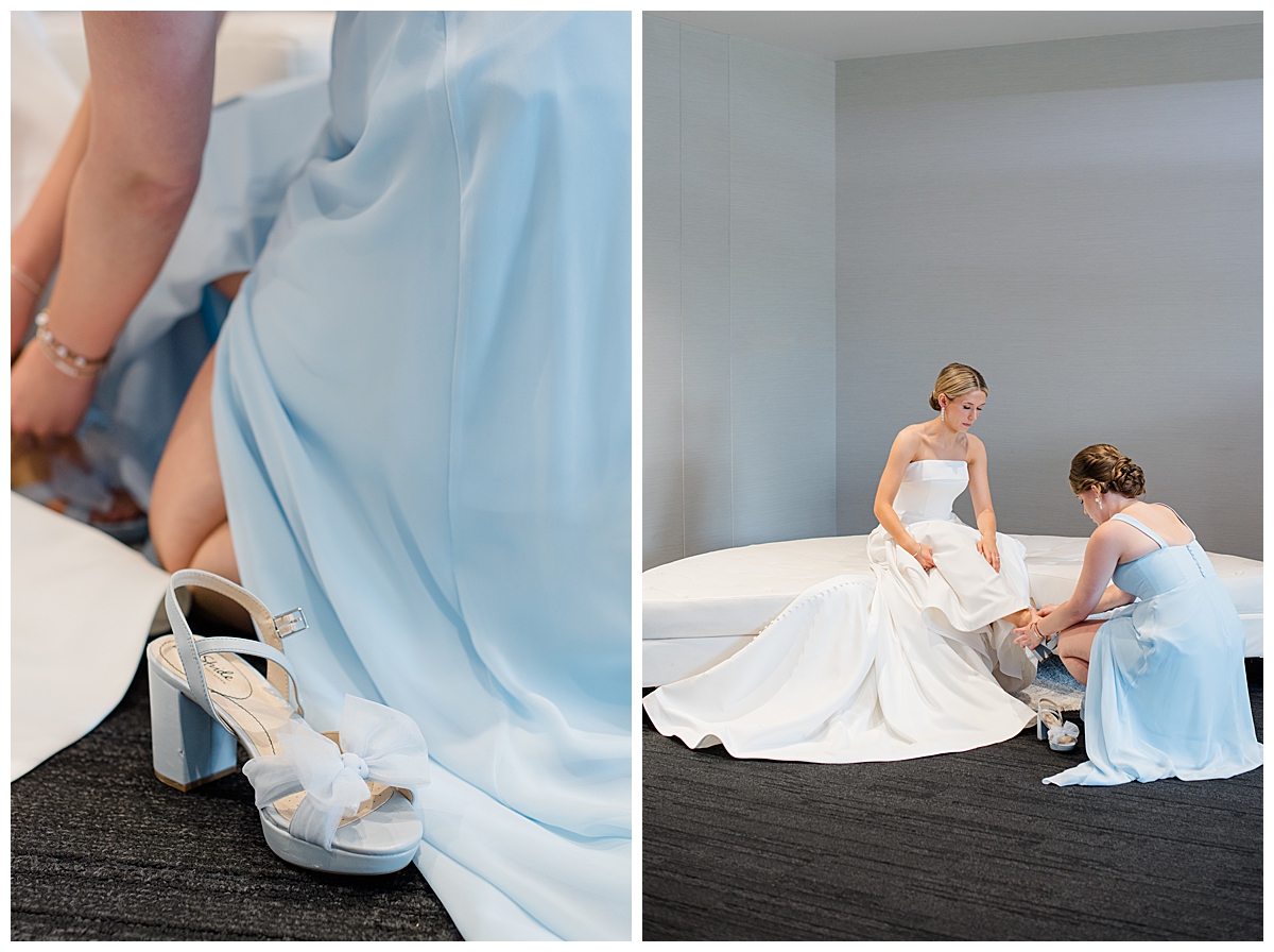 Bride puts on shoes at Cincinnati, Ohio wedding taken by Columbus, Ohio wedding photographer