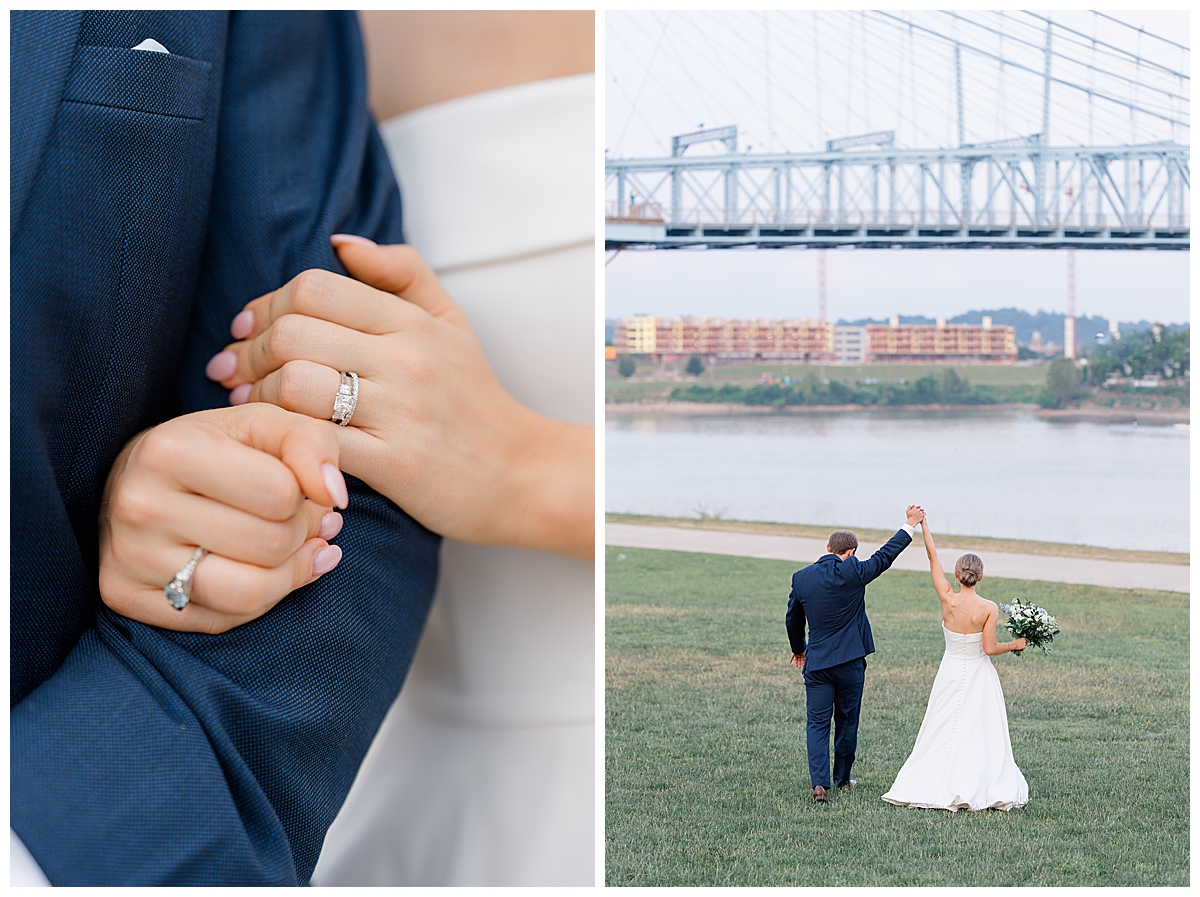 Bride and groom pictures on ohio river front in cincinnati, ohio at anderson pavilion wedding photographed by columbus, wedding photographer