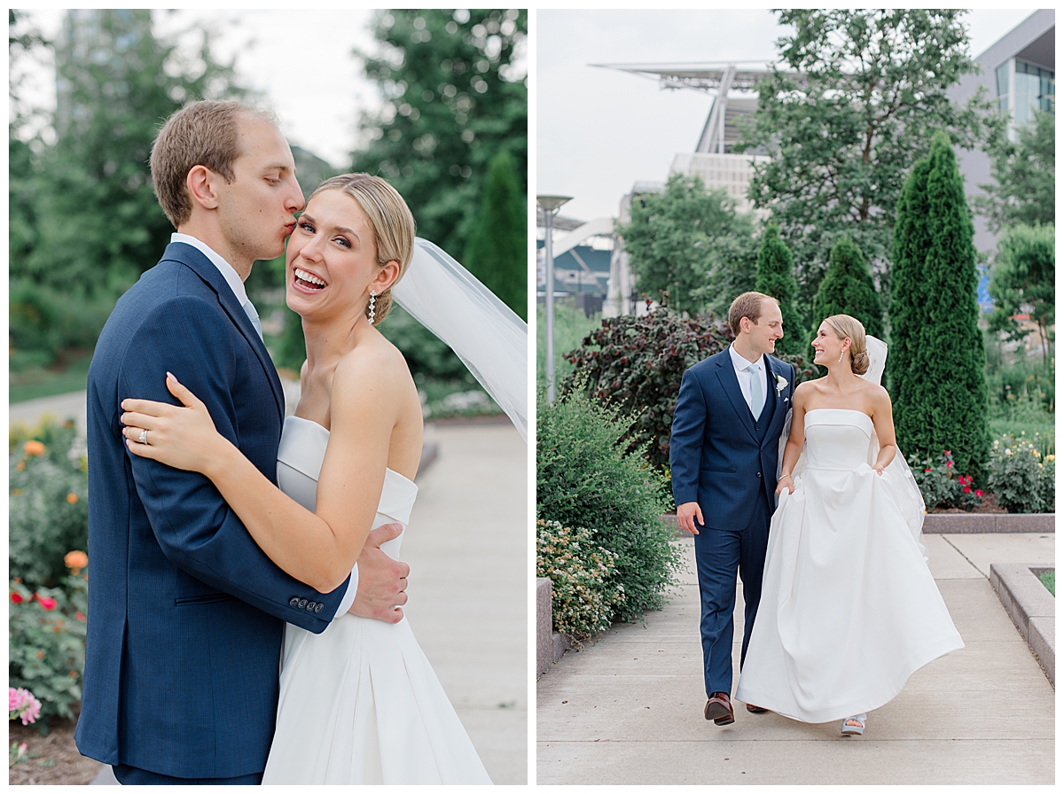 Bride and groom pictures on ohio river front in cincinnati, ohio at anderson pavilion wedding photographed by columbus, wedding photographer