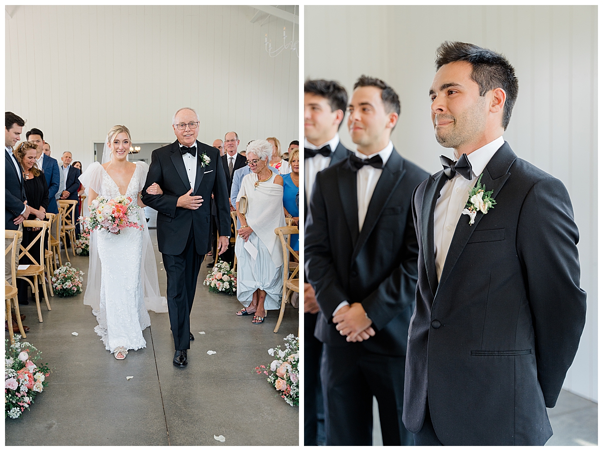Grooms sees bride walking down the aisle at Magnolia Hill Farm wedding