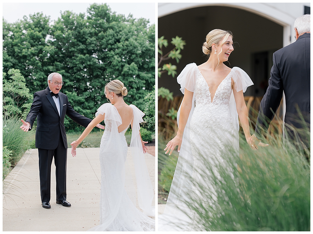 Bride showing off her dress during first look taken by Columbus, Ohio wedding photographer