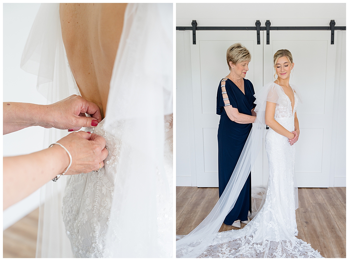 Bride's mom zipping her daughter's dress the morning of her wedding in Columbus, Ohio