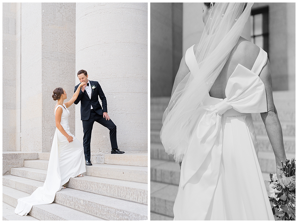 Groom leading bride up stairs at Ohio State House at Columbus, Ohio wedding