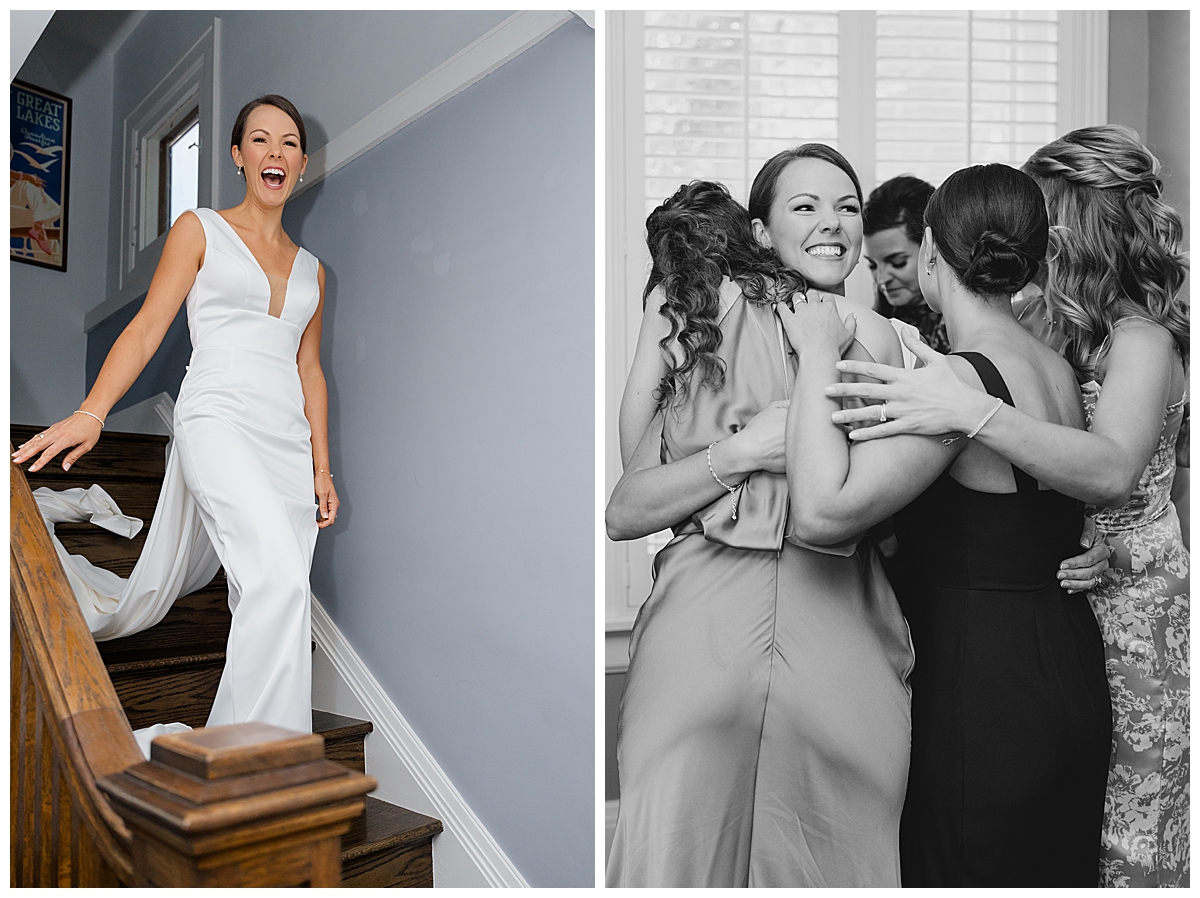Bride walking downstairs for bridesmaids first look at Columbus, Ohio wedding