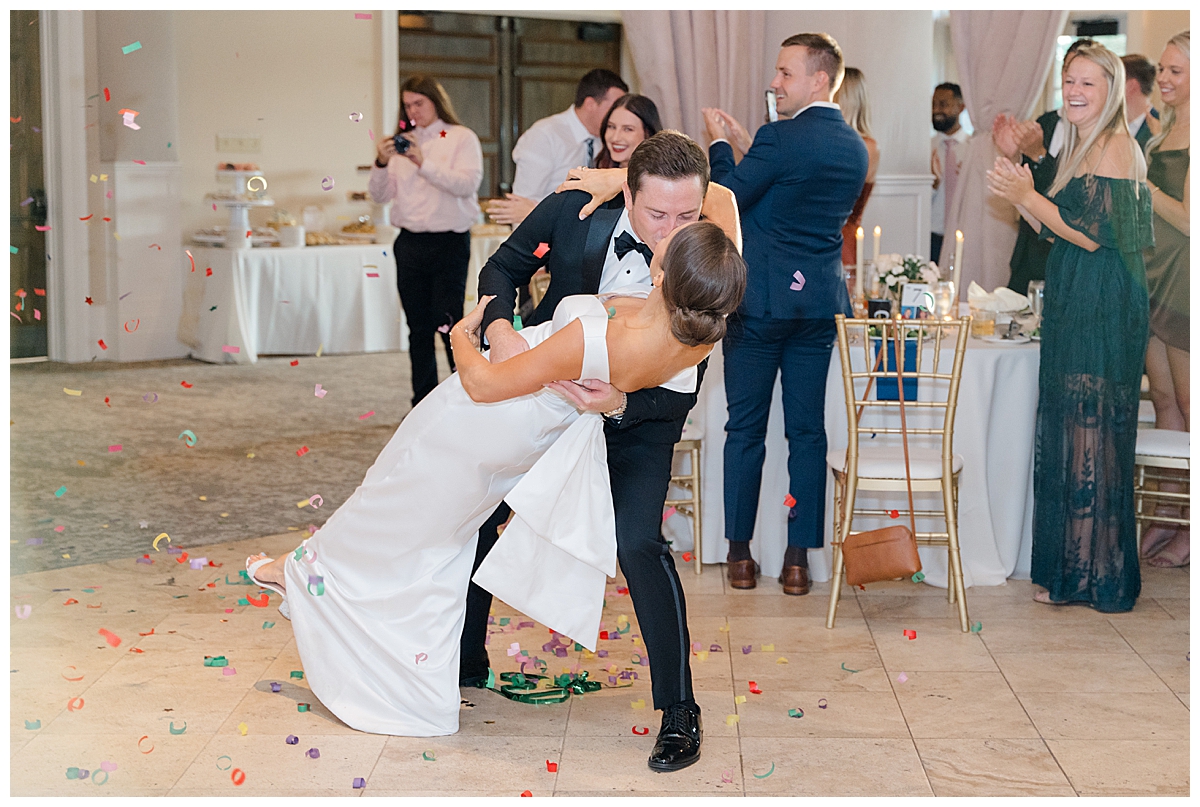 Groom dips bride during reception at Pinnacle Golf Club wedding in Columbus, Ohio