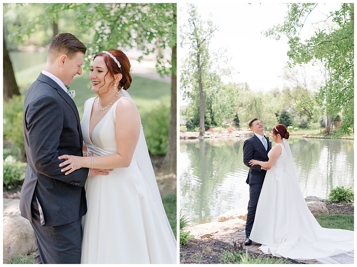 Groom and Bride embrace during first look at Swan Lake Wedding in Columbus, Ohio