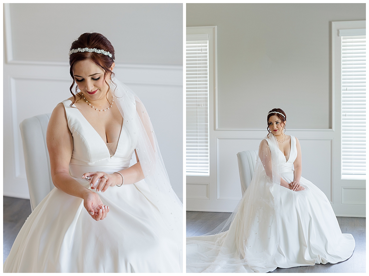 Bride sitting in chair at Columbus, Ohio wedding photographed by Ashleigh Grzybowski