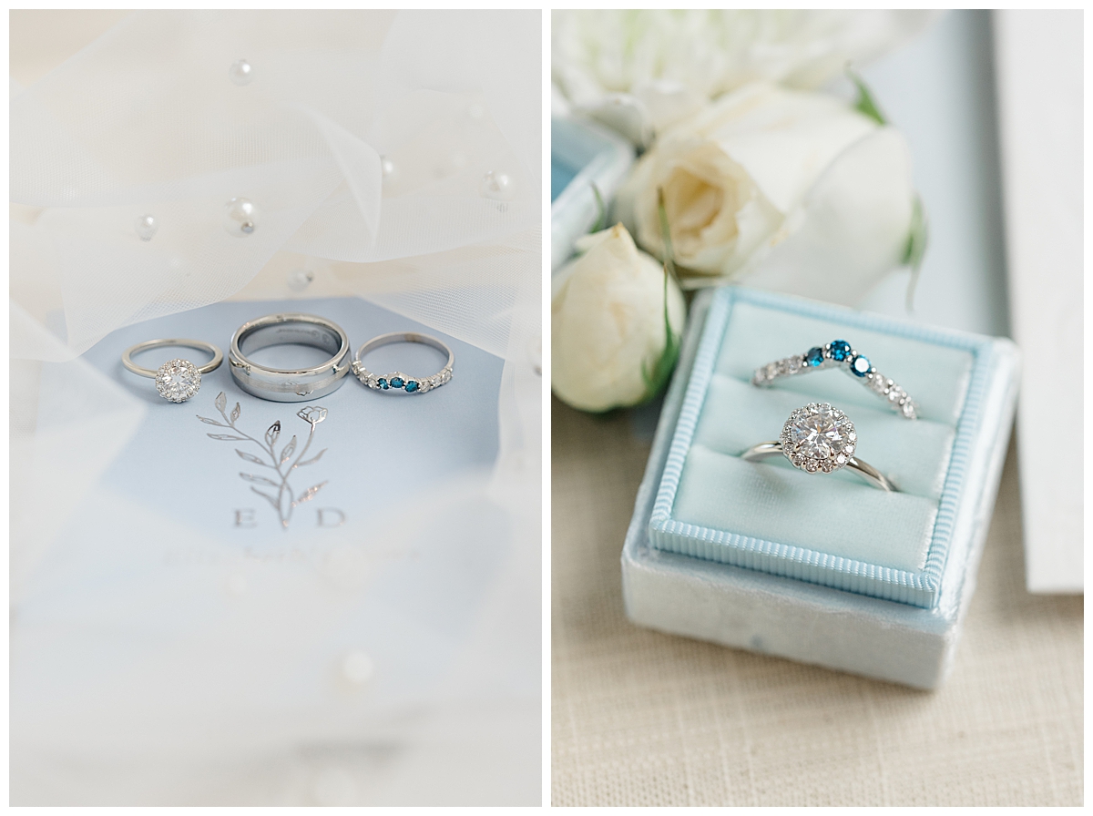 Soft blue wedding details and rings at Swan Lake Wedding in Columbus, Ohio